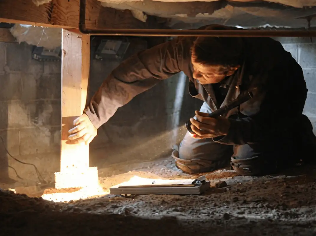 A professional inspecting wooden beams under the floor of a structure in Scottsdale, AZ