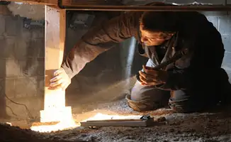 A professional inspecting wooden beams under the floor of a structure in Scottsdale, AZ